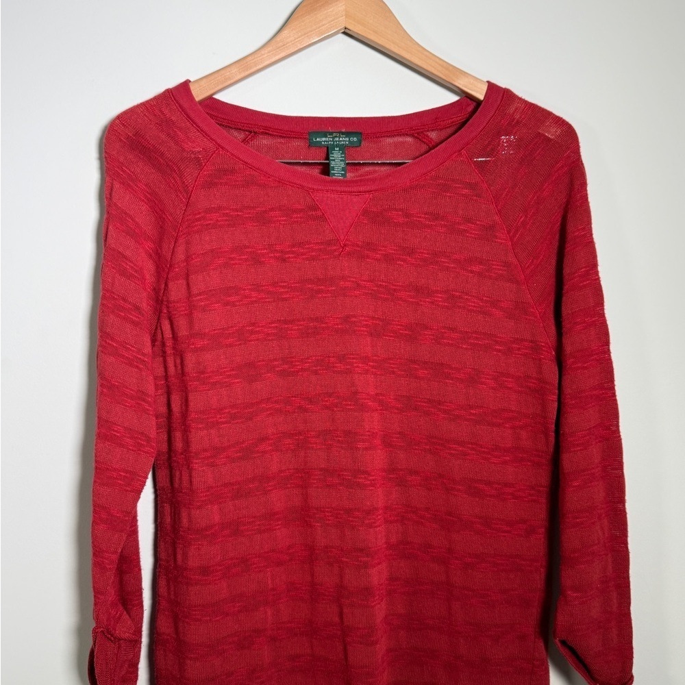 🌹 LRL Lauren Jeans Co. Ralph Lauren Red Textured Knit Pullover Top - Medium - Picture 3 of 10